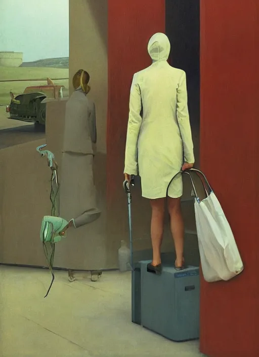 Image similar to women in paper bag over the head and a sward at gas station with portable oxygen tank Edward Hopper and James Gilleard, Zdzislaw Beksinski, highly detailed