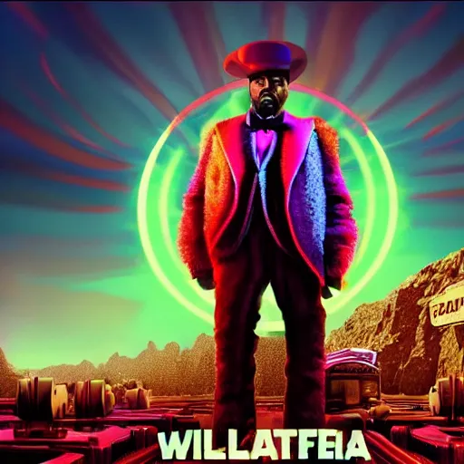 Image similar to Kanye West as willy wonka in fallout new vegas, splash art, movie still, cinematic lighting, dramatic, octane render, long lens, shallow depth of field, bokeh, anamorphic lens flare, 8k, hyper detailed, 35mm film grain