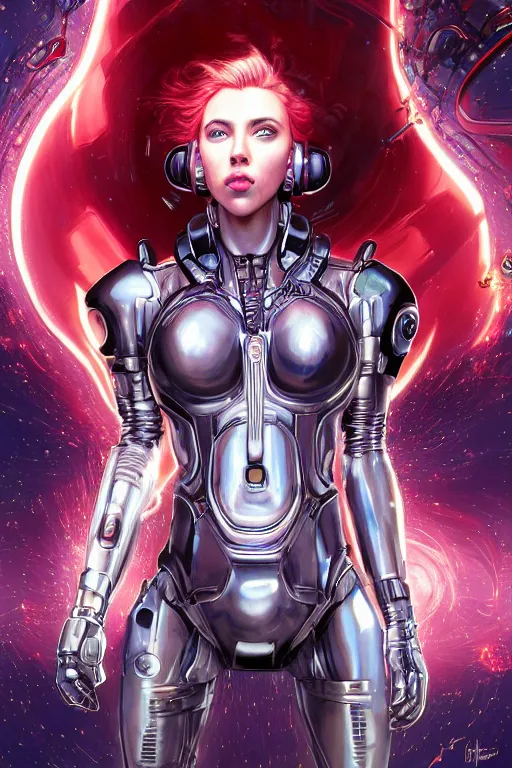 Prompt: celestial cyberpunk scarlett johansson with cybernetic implants emerging from the big bang, by artgerm and yoshitaka amano and moebius and alphonse mucha, hyperdetailed, dc comics, ornate, nebula, explosions in the sky, trending on artstation
