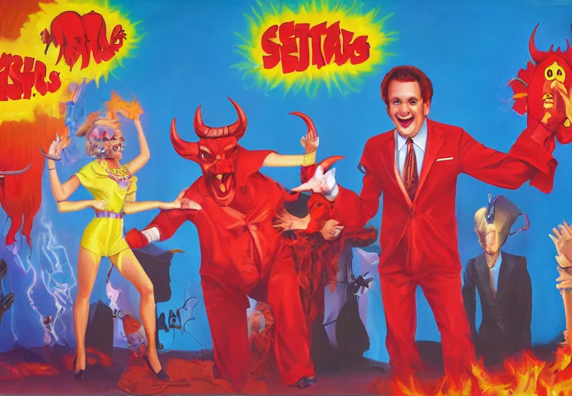 Prompt: A retro 1980s game show hosted by a charming-looking horned Satan devil in a colorful suit at center-stage, in front of a live studio audience of demons and strange creatures in the bleachers, in the middle of a cavernous firey landscape of Hell, oil on canvas, painting, cohesive, stylistic, trending on Artstation, 4k, wide shot