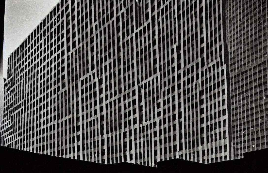 Image similar to complexion emotional bond between the two building by mies van der rohe rhythmic flow of tones intact flawless ambrotype from 4 k criterion collection remastered cinematography gory horror film, ominous lighting, evil theme wow photo realistic postprocessing anomaly in spatial lay - out photograph by ansel adams