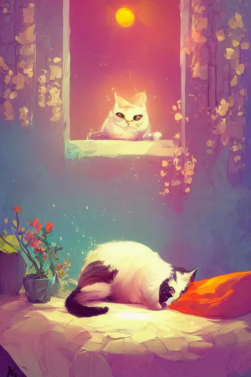 Image similar to a digital art of a cat sleeping in the room with flowers around in the afternoon, the sun shines in, animal, light effect, highly detailed, by anton fadeev