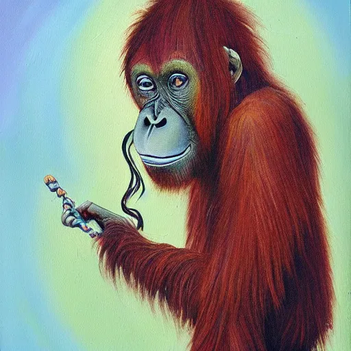 Image similar to orangutan wizard casting a spell and holding a spellbook, oil painting, magic