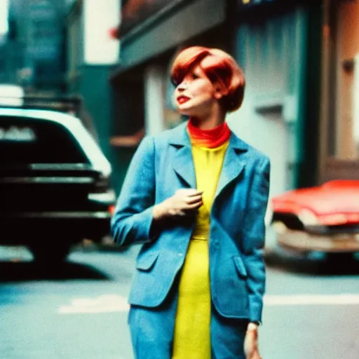 Image similar to street photography portrait of a woman in a suit in the streets of new york, 1 9 6 0 s, photo taken with ektachrome, featured on flickr, photographed on damaged film