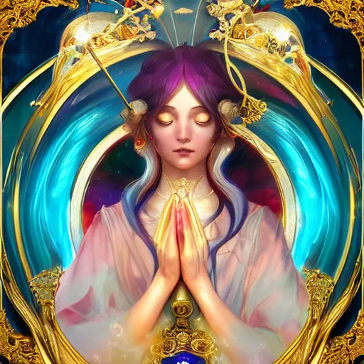 Image similar to clow card style astrologer's prayer, mythology, hidetaka miyazaki, unreal engine 5, art nouveau, vivid colors, intense colors, deep shadows, intricate, symmetry, high detail, elegance, sunlit, clear focus, art of tom bagshaw and quentin mabile, art workstation