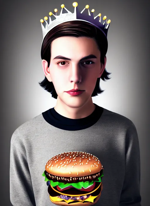 Image similar to portrait of teenage jughead jones wearing a light grey crown, photorealistic, crown, sweater with letter s on it, hamburger, eyes closed, crown, black hair, intricate, elegant, glowing lights, highly detailed, digital painting, artstation, concept art, smooth, sharp focus, illustration, art by wlop, mars ravelo and greg rutkowski