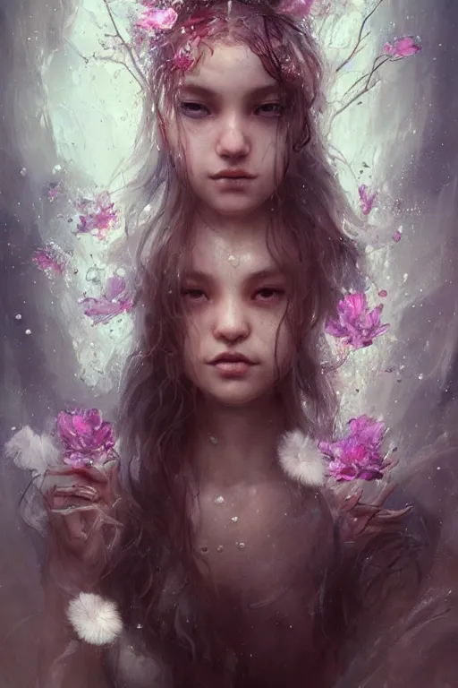 Prompt: face closeup a young beautiful girl drowned in water exploding into electricity, wearing crystal white feathers, 3 d render, hyper realistic detailed portrait, holding magic flowers, ruan jia, wlop. scifi, fantasy, hyper detailed, octane render, concept art, by peter mohrbacher, by wlop, by ruan jia