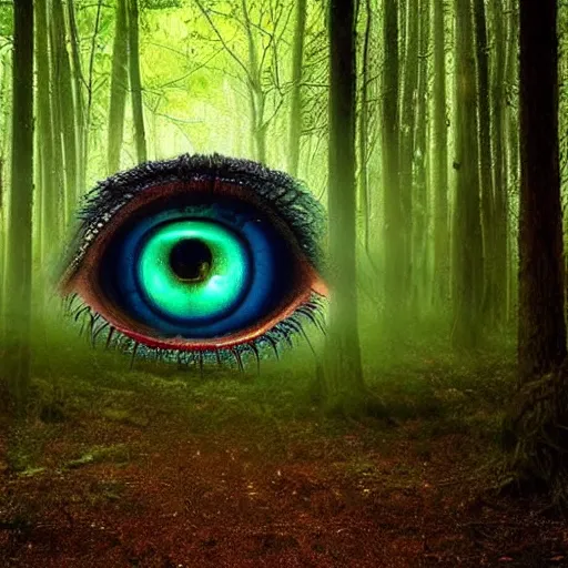 Image similar to forest, three eyed spirits, wide shot, vivid colors, eyes, ground very detailed, wet eyes reflecting into eyes reflecting into infinity, natural lighting