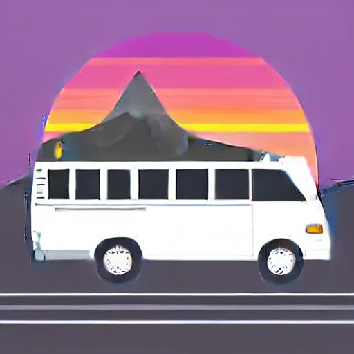 Image similar to minimal professional vector art featuring a white and black cute thor chateau! motorhome camper!!, highway, mountains and sunset!!, very happy, professional colorful simple vector art