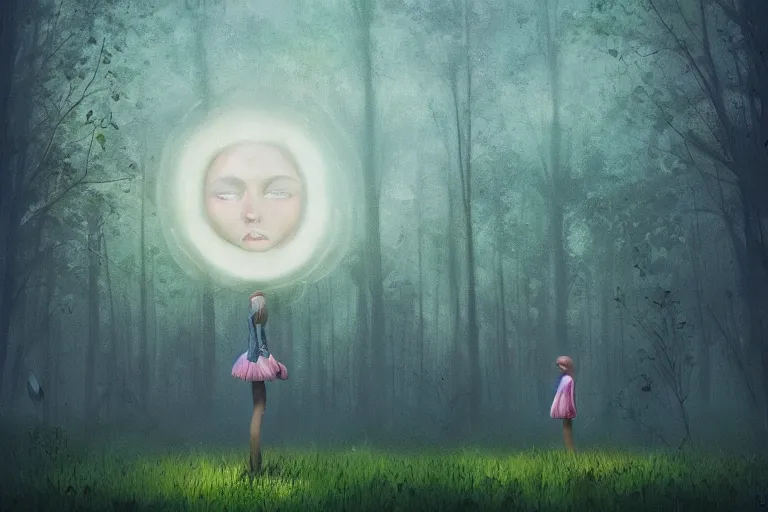 Image similar to giant daisy flower as face, girl standing in forest, surreal photography, dark night, stars, moon light, impressionist painting, clouds, digital painting, artstation, simon stalenhag