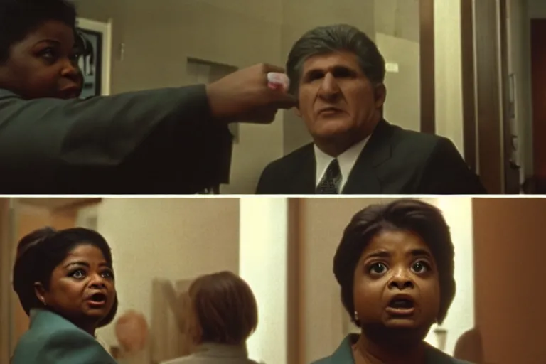 Prompt: cinematic shot from a 1 9 8 5 paranoid thriller, screenshot of octavia spencer yelling at senator joe manchin's ear, in the near future, film directed by stanley kubrick, color theory, apartment design, leading lines, photorealistic, volumetric lighting