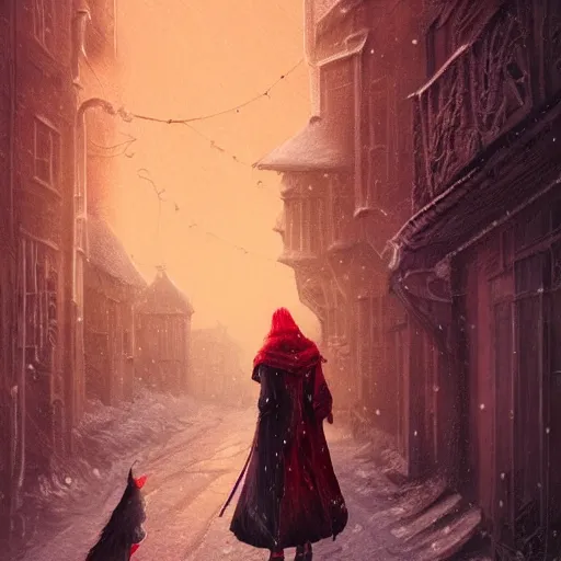 Image similar to blond girl in red cloak walks through snowy village by lamplight, detailed intricate ink illustration, dark atmosphere, detailed illustration, hd, 4k, digital art, overdetailed art, concept art, by greg rutkowski, by loish, complementing colors, Trending on artstation, deviantart