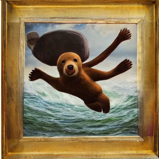 Image similar to hyperrealist bear surfing