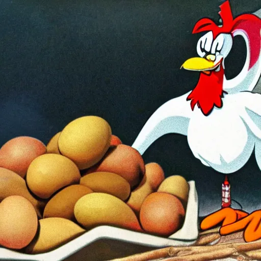 Image similar to foghorn leghorn eating a pile of eggs