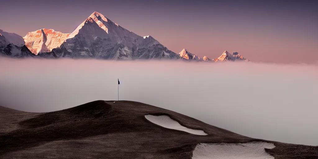 Prompt: a great photograph of the most amazing golf hole in the world, on top of the mount everest, ambient light, golf digest, top 1 0 0, fog