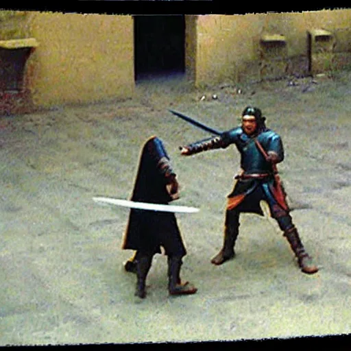 Image similar to medieval sword fight cctv footage, coloured photo, security cam footage