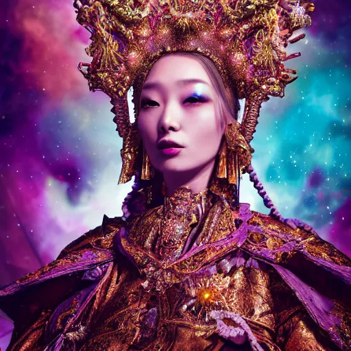 Image similar to a beautiful empress portrait, with a brilliant, impossible striking big cosmic galaxy headpiece, clothes entirely made out of cosmos chaos energy, symmetrical, dramatic studio lighting, rococo, baroque, jewels, asian, hyperrealism, closeup, D&D, fantasy, intricate, elegant, highly detailed, digital painting, artstation, octane render, 8k, concept art, matte, sharp focus, illustration, art by Artgerm and Greg Rutkowski and Alphonse Mucha