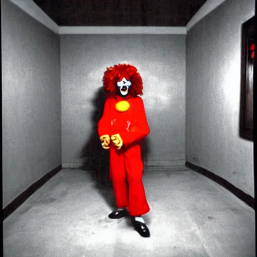 Image similar to creppy 2 0 0 1 photo of ronald mcdonald screaming in a dark room