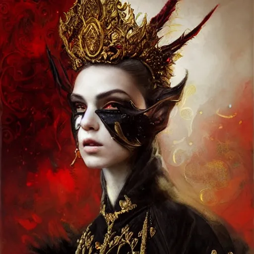 Image similar to portrait of a red king, sharp focus, black hair, baroque, full body, highly detailed, intricate, masked, white, regal clothing, gold ethereal light, high fantasy, by livia prima