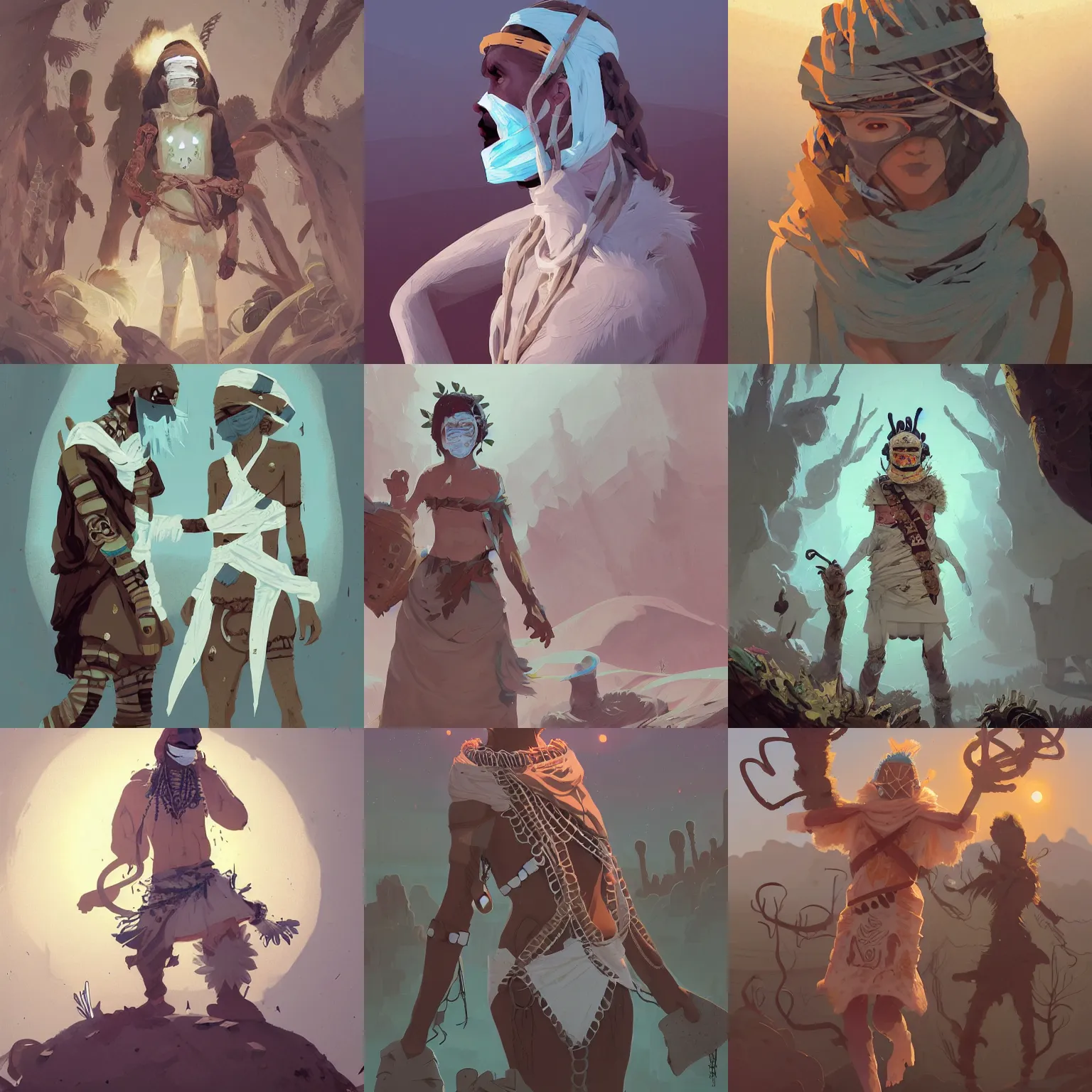 Prompt: a desert druid wearing bandages all over his body, full body, covered in bandages, masked, celtic naturepunk by atey ghailan, by greg rutkowski, by greg tocchini, by james gilleard, by joe fenton, by kaethe butcher, dynamic lighting, gradient light blue, brown, blonde cream and white color scheme, grunge aesthetic