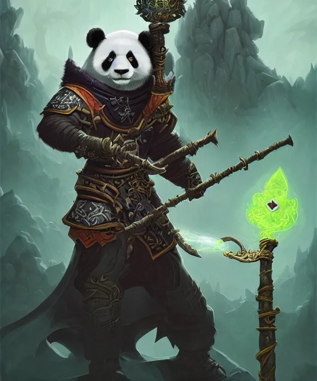 Image similar to a portrait an anthropomorphic panda warlock holding a staff, wearing warlock robes with spiked shoulders, landscape in background, dnd character art portrait, world of warcraft style, by peter mohrbacher, cinematic lighting