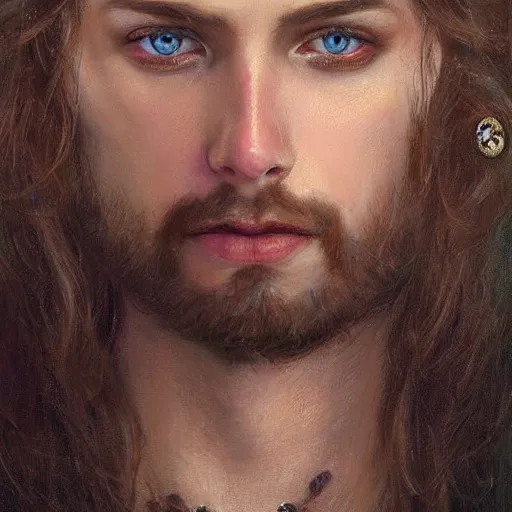 Image similar to photorealistic painting of a male face with piercings, realistic eyes, symmetric face, beautiful bone structure, beard, dark blonde long hair, painting by gaston bussiere