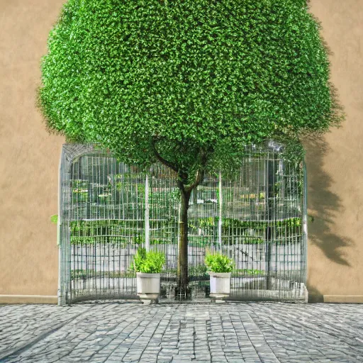 Image similar to delicate, chairs, garden, paved, botanic photography, iridescent, 8 k, realistic shaded, fine details, artstation, italian, iron gate, tree, mediterranean