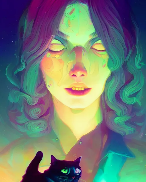 Image similar to lsd, acid trip, a beautiful woman with ( cat ) features, dramatic lighting, by lois van baarle, ross tran, greg rutkowski, ultra detailed colorful repeating fractals in the background by moebius, beeple, artstation