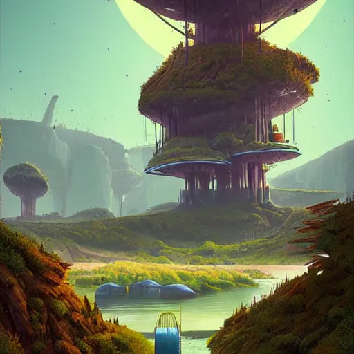 Prompt: digital artwork of a lush natural scene on an alien planet by simon stalenhag. extremely detailed. science fiction. interesting color scheme. beautiful landscape. weird vegetation. cliffs and water.