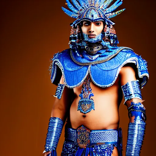 Prompt: a portrait of a beautiful young indian male wearing an alexander mcqueen armor made of blue fire , photographed by andrew thomas huang, artistic