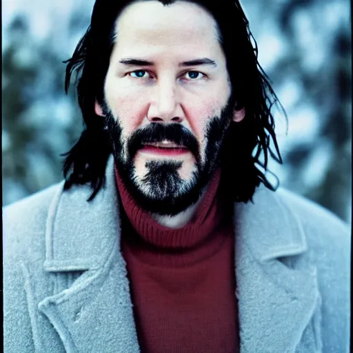 Image similar to portrait photo of keanu reeves on an extremely cold winter day with ice in his beard, by ron haviv, highly detailed, 8 0 mm, kodachrome