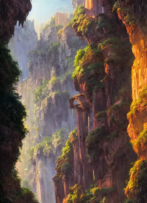 Image similar to medieval city built on terraces in a gigantic canyon, lots of buildings connected by hanging bridges, waterfalls, warm glow coming the ground, lush vegetation, pitchblack sky, extremly detailed digital painting, in the style andreas rocha and greg rutkowski, colors by peter mohrbacger, rim light, beautiful lighting, 8 k, stunning scene, octane, trending on artstation