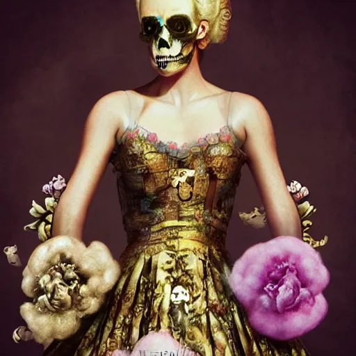 Image similar to “ 8 k, octane render, realism, tonalism, renaissance, rococo, baroque, portrait of charlize theron wearing long - harajuku manga - dress with flowers and skulls, cotton candy!! ( background chaotic gold leaf flowers ) ”