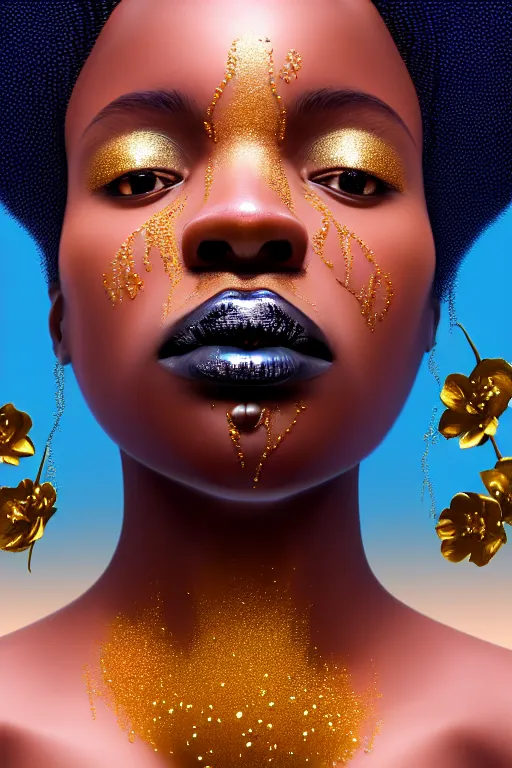 Prompt: hyperrealistic precisionist cinematic profile very expressive! black oshun goddess, in water! up to shoulders, mirror dripping droplet!, gold flowers, highly detailed face, digital art masterpiece, smooth eric zener cam de leon, dramatic pearlescent turquoise light on one side, low angle uhd 8 k, 8 5 mm focal length