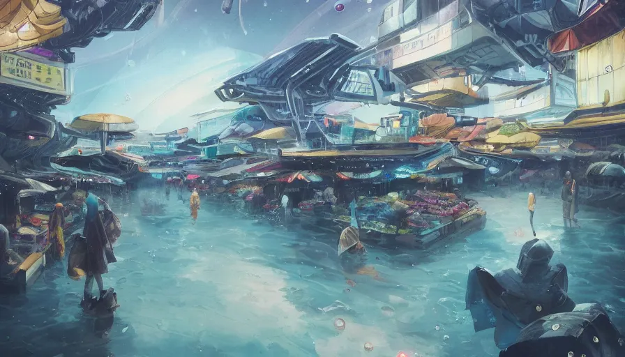 Image similar to floating wet japanese market with vendors on a luxurious road on interstellar solar system with nearby planets seen from the distance, advanced highway, star trek style, by peter mohrbacher, jeremy mann, francoise nielly, android james, ross tran, beautiful, award winning scenery, 8 k quality, clean details, serene, sakura season