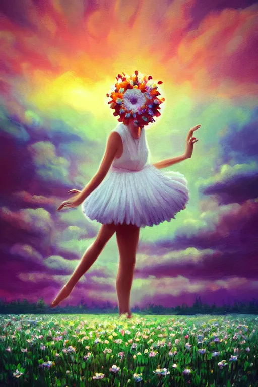 Image similar to giant white daisy flower under head, girl dancing in a flower field, surreal photography, sunrise, dramatic light, impressionist painting, colorful clouds, digital painting, artstation, simon stalenhag