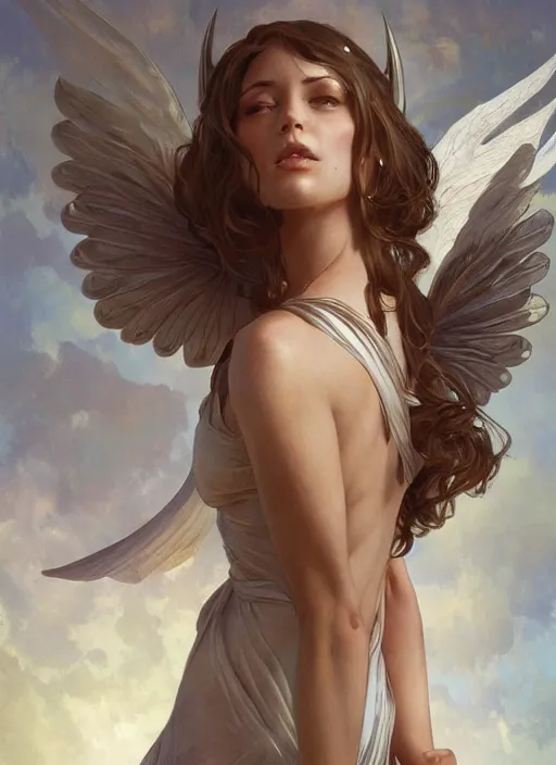 Prompt: realistic illustration, thanks, intricate, elegant, highly detailed, digital painting, artstation, concept art, sexy girl, angel, wings, smooth, sharp focus, illustration, art by artgerm and greg rutkowski and alphonse mucha