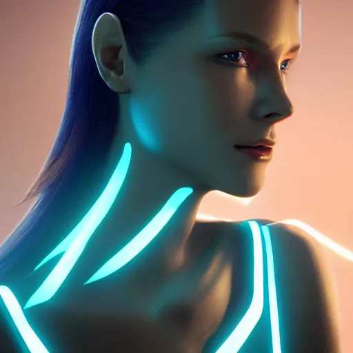 Prompt: portrait of a beautiful bioengineered female wearing a luminescent bodysuit, Tron environment, reflections, focus, detailed, realistic eyes, horizontal partial symmetry body features proportions, intricate facial skin details, award winning, trending in cgsociety artstation deviant art, octane render