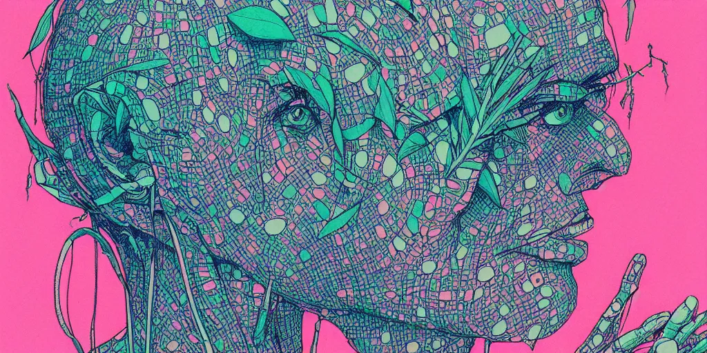 Image similar to risograph grainy drawing futuristic sci - fi antagonist face wearing earrings, photorealistic colors, face covered with plants and flowers, by moebius and satoshi kon and dirk dzimirsky close - up portrait, hyperrealistic