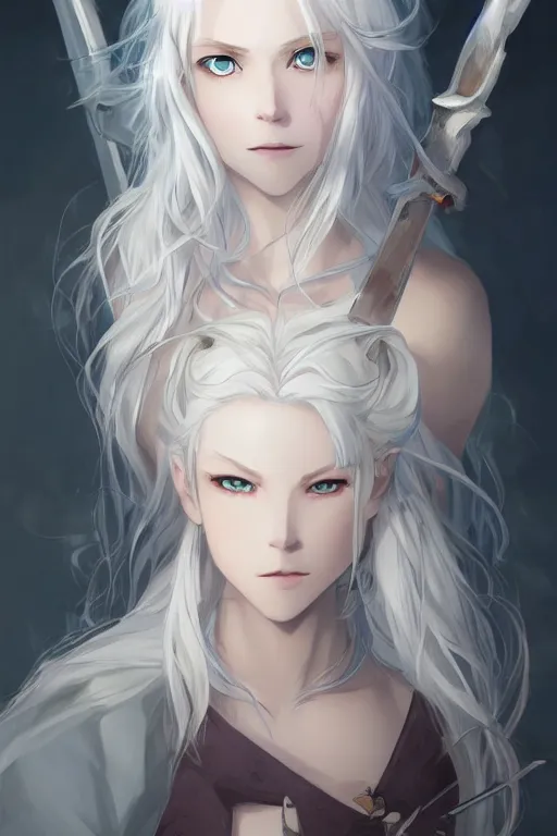 Prompt: an anime portrait of a white hair female viking, long wild hair, pale blue eyes, smirking, by WLOP, Stanley Artgerm Lau, Rossdraws, James Jean, Andrei Riabovitchev, Marc Simonetti, and Sakimichan, trending on pixiv, fully clothed, fully dressed