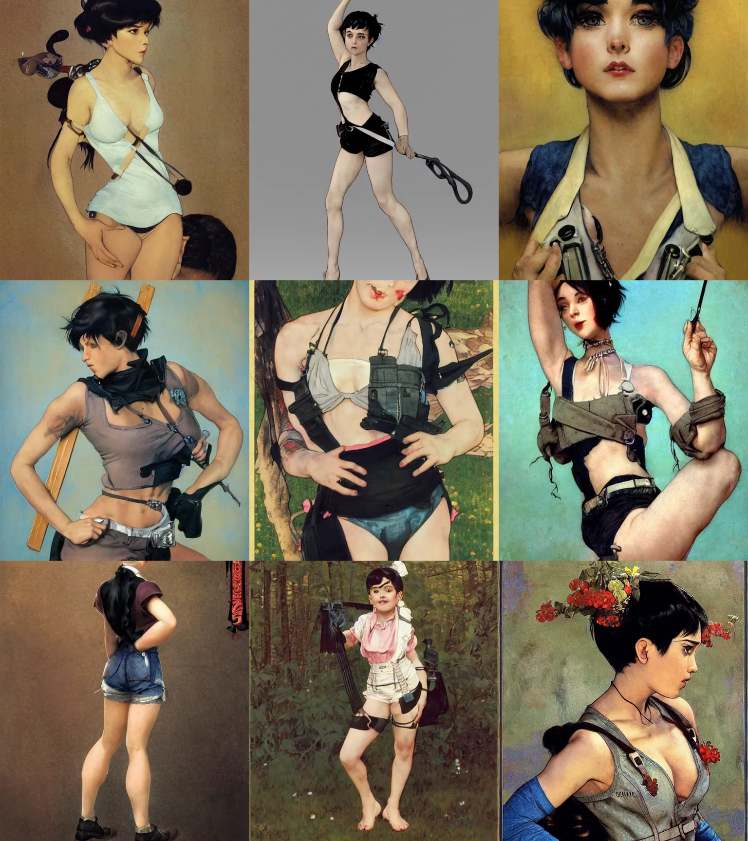 Prompt: a girl with black hair pixie cut in shorts with suspenders drawn by shinkiro, norman rockwell, frank frazetta, peter paul rubens, alphonse mucha, gustav klimt 4k, unreal 5, DAZ, trending on artstation, octane render, hyperrealistic