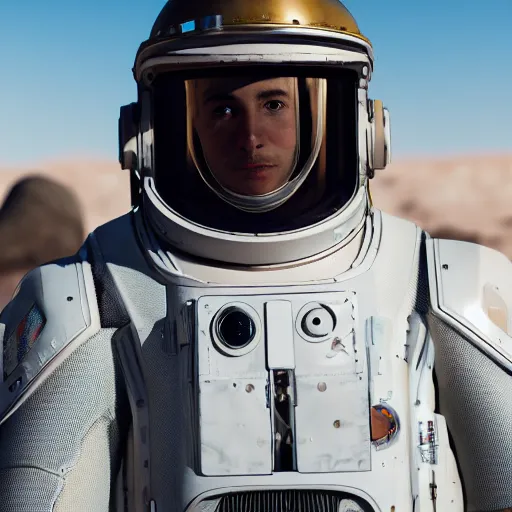 Image similar to portrait photography of a white steampunk space engineer suit, in an desert alien planet, ultra detail, beautiful light, high detail, 8 k, f / 2. 8, octane render