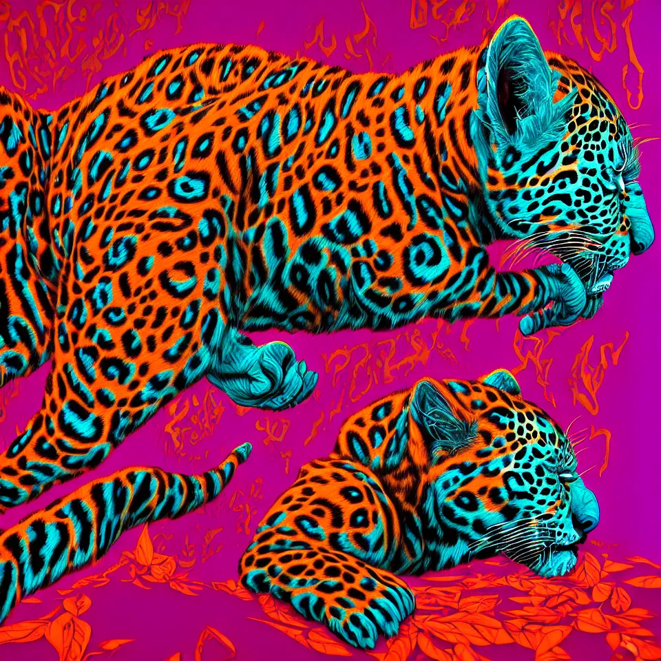 Image similar to bright psychedelic empty apartment, mayan jaguar warrior sleeping, diffuse lighting, fantasy, intricate, elegant, highly detailed, lifelike, photorealistic, digital painting, artstation, illustration, concept art, smooth, sharp focus, art by francis bacon