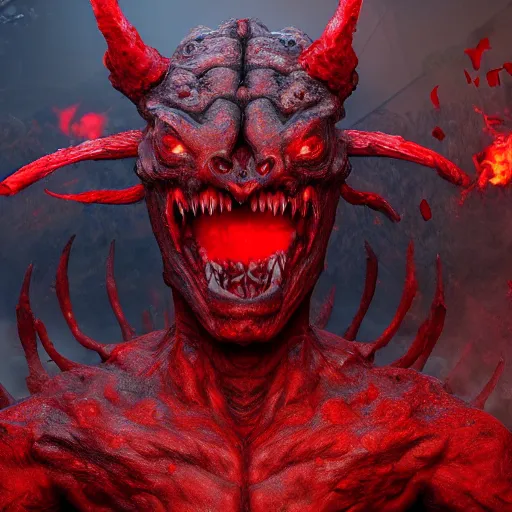 Prompt: a huge red demon in the hell. digitalart. artstation. unreal 5. unreal engine. award winning. high detail. hyper realistic. highly detailed.