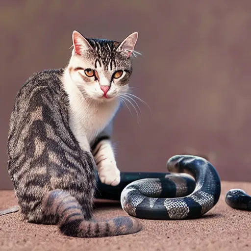 Prompt: cat fighting against snake