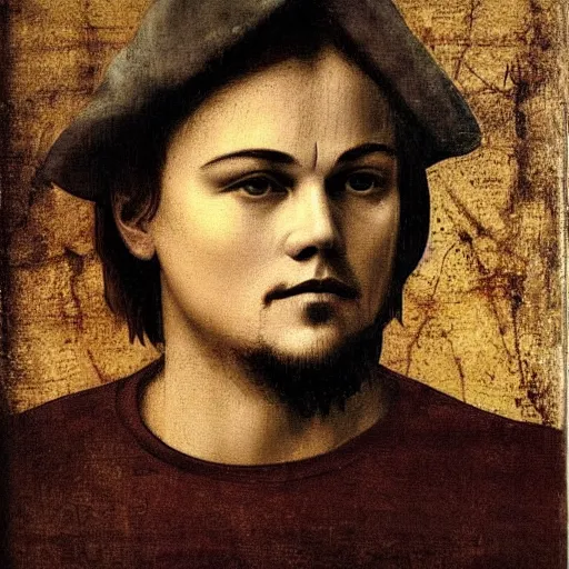 Image similar to dicaprio by davinci, oil canvas