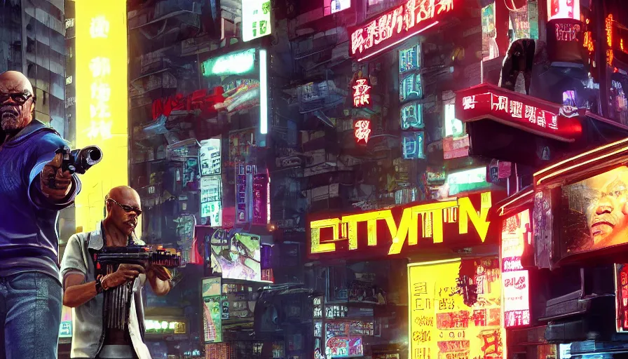 Image similar to samuel l jackson and johnny silverhand in night city eating chinese takeaway, cyberpunk 2 0 7 7, rendering, wallpaper, concept art, digital art