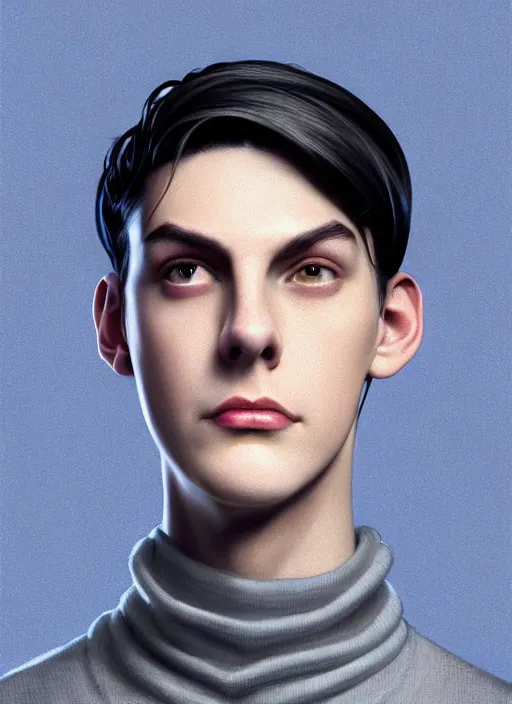 Image similar to portrait of teenage jughead jones wearing a light grey crown, crown, blue turtleneck, 1 9 5 0 s, closed eyes, photorealistic, black hair, glowing lighting, intricate, elegant, glowing lights, highly detailed, digital painting, artstation, concept art, smooth, sharp focus, illustration, art by wlop, mars ravelo and greg rutkowski