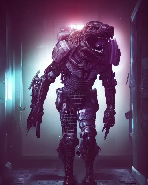 Image similar to Sci-Fi Crocodile hero alien, armored, art by Kashin, Wadim, Martinière, Stephan, holding rifle, sharp focus, pitch black infested Spaceship hallway, dark light, soft purple glow, heroic pose, sci-fi artwork, octane render, dead space artwork, cyberpunk, warm light, occult, magical, volumetric lighting, 8k high definition, highly detailed, trending on art Station, centered, by Greg Rutkovski, sci-fi artwork, arnold render