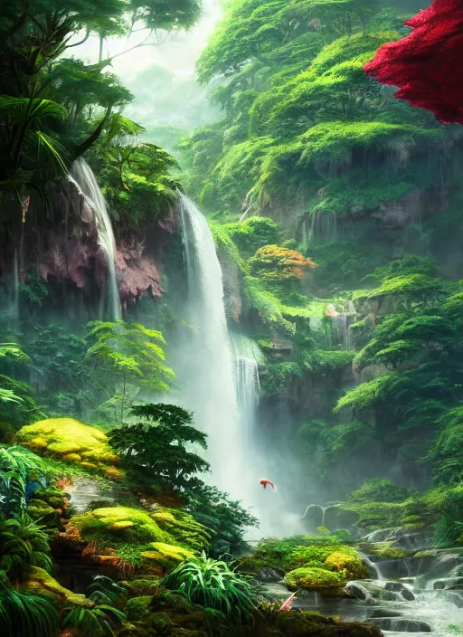 waterfalls surrounded by lush vegetation, vibrant | Stable Diffusion ...